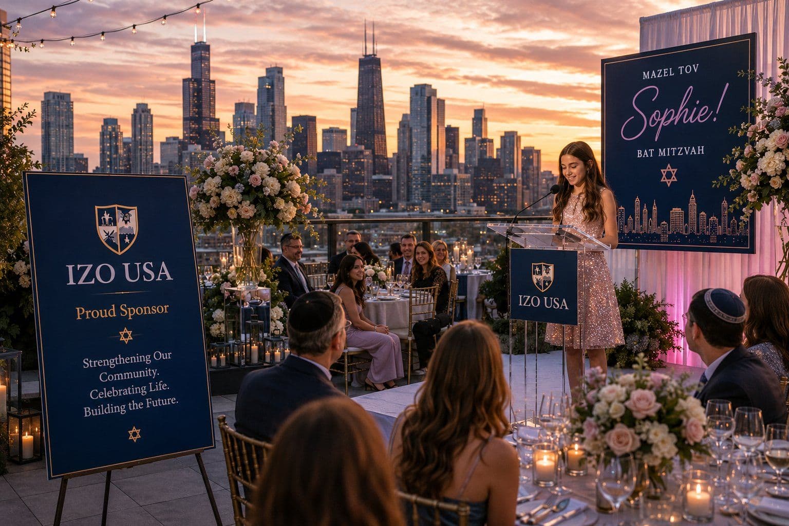 A celebration on a rooftop at golden hour
