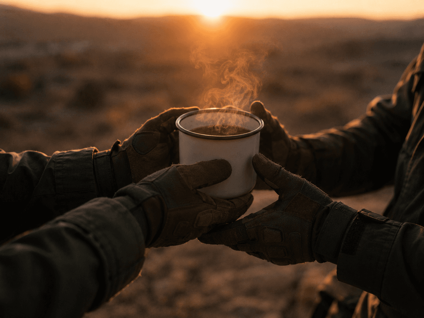 Two pairs of gloved hands passing a steaming enamel coffee mug at sunrise