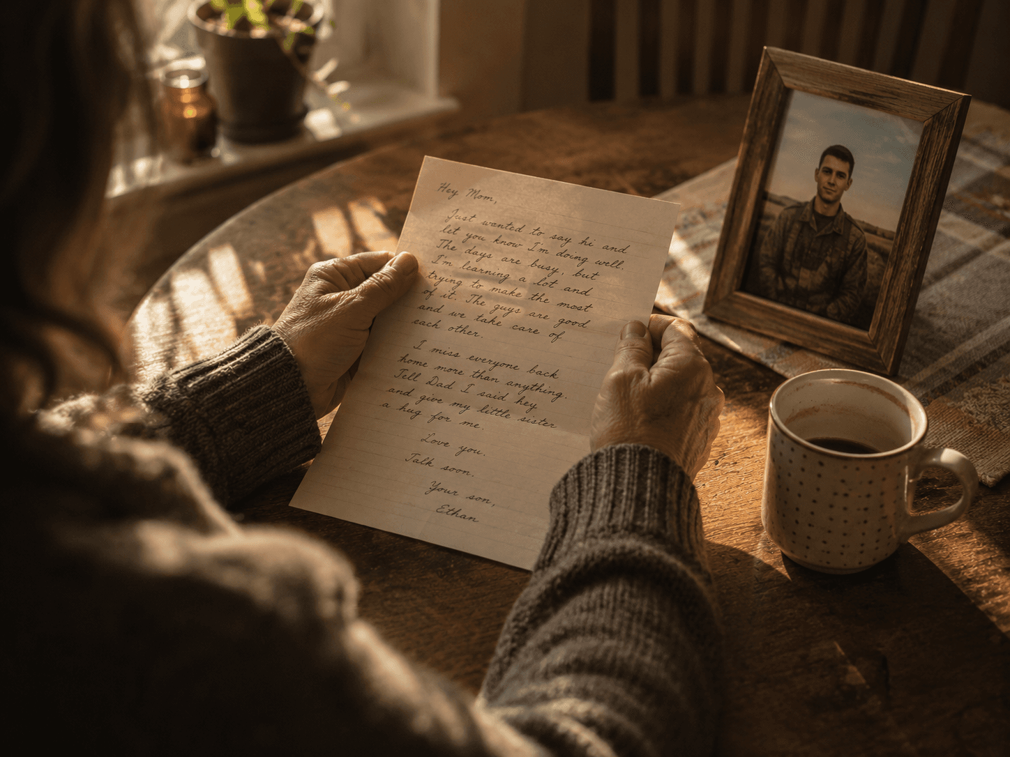 A mother reading a handwritten letter from her deployed soldier at a kitchen table with a framed photograph nearby