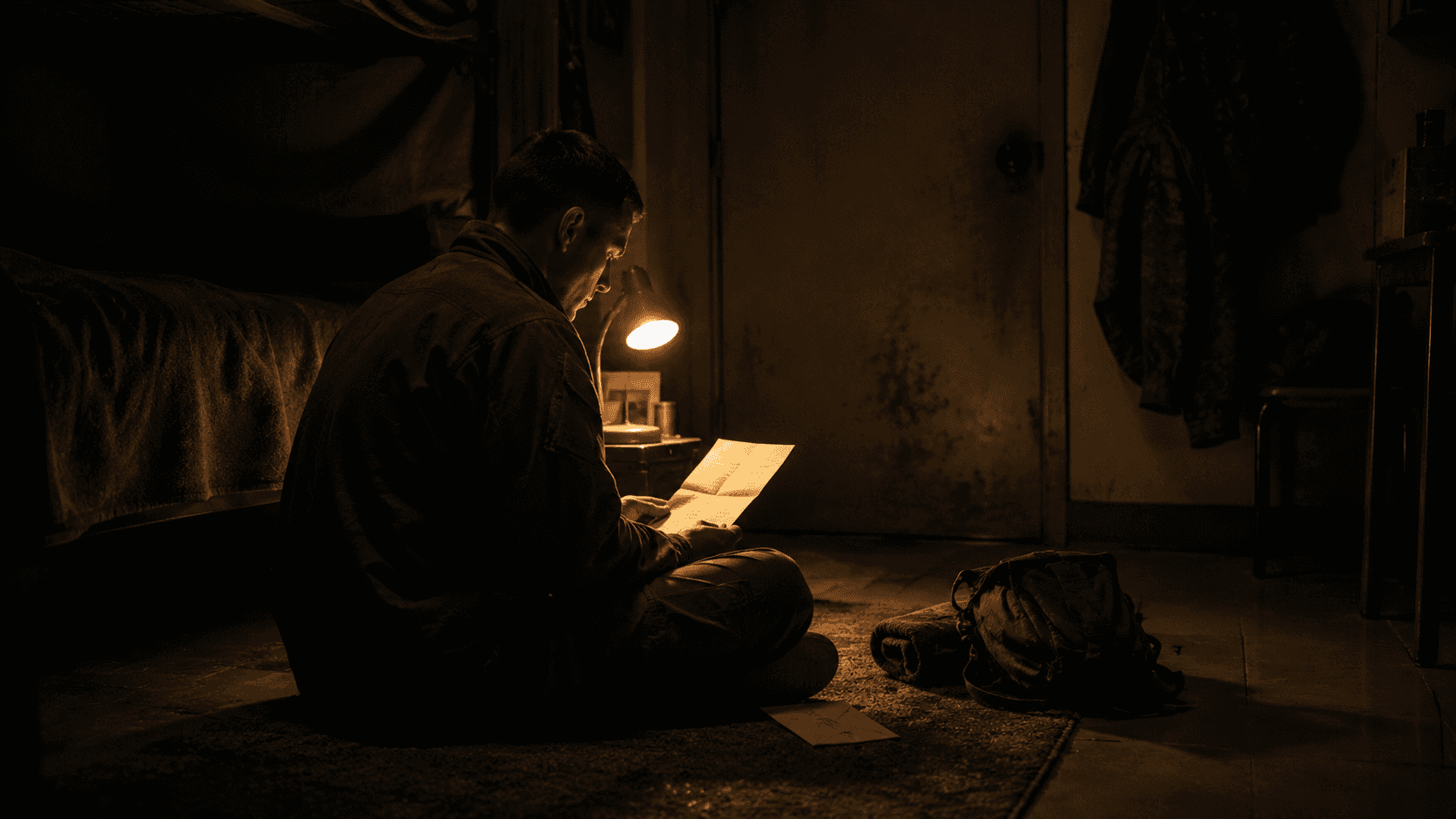 A soldier in profile reading a handwritten letter by lamplight in a sparse barracks room
